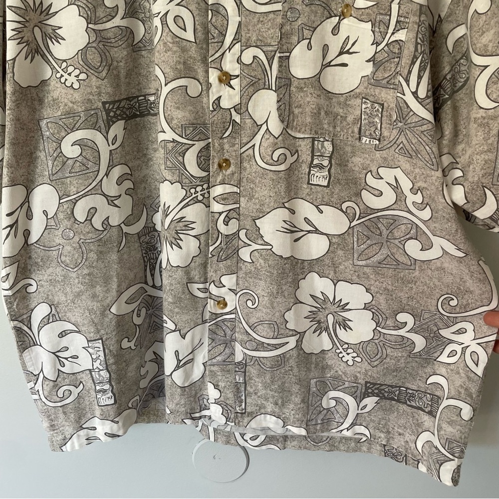 Casual Hawaiian Button Up Shirt Mens L Grey Floral Short Sleeve Cotton Beach GUC - Picture 4 of 10